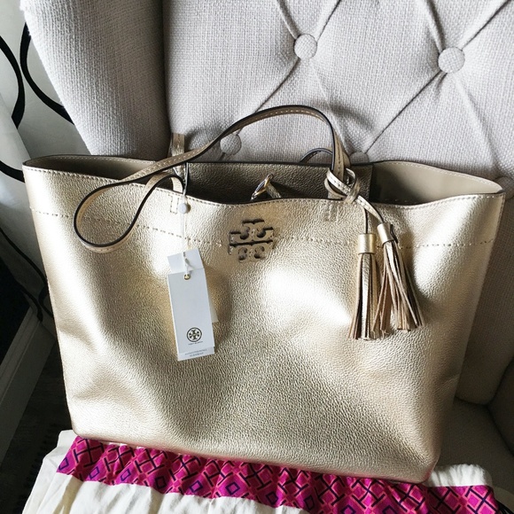 Tory Burch Handbags - TORY BURCH MCGRAW METALLIC TOTE IN GOLD